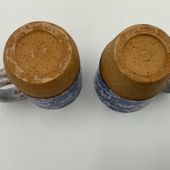 (2) Handcrafted Blue and White Floral Transferware White Speckled Coffee Mugs - Picture 4 of 13